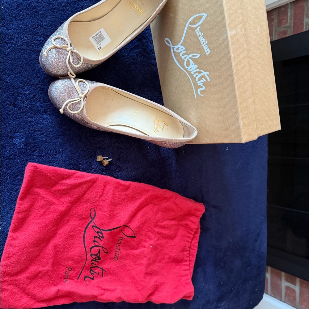 Christian Louboutin Silver Glitter Kitten Heels with Bow
